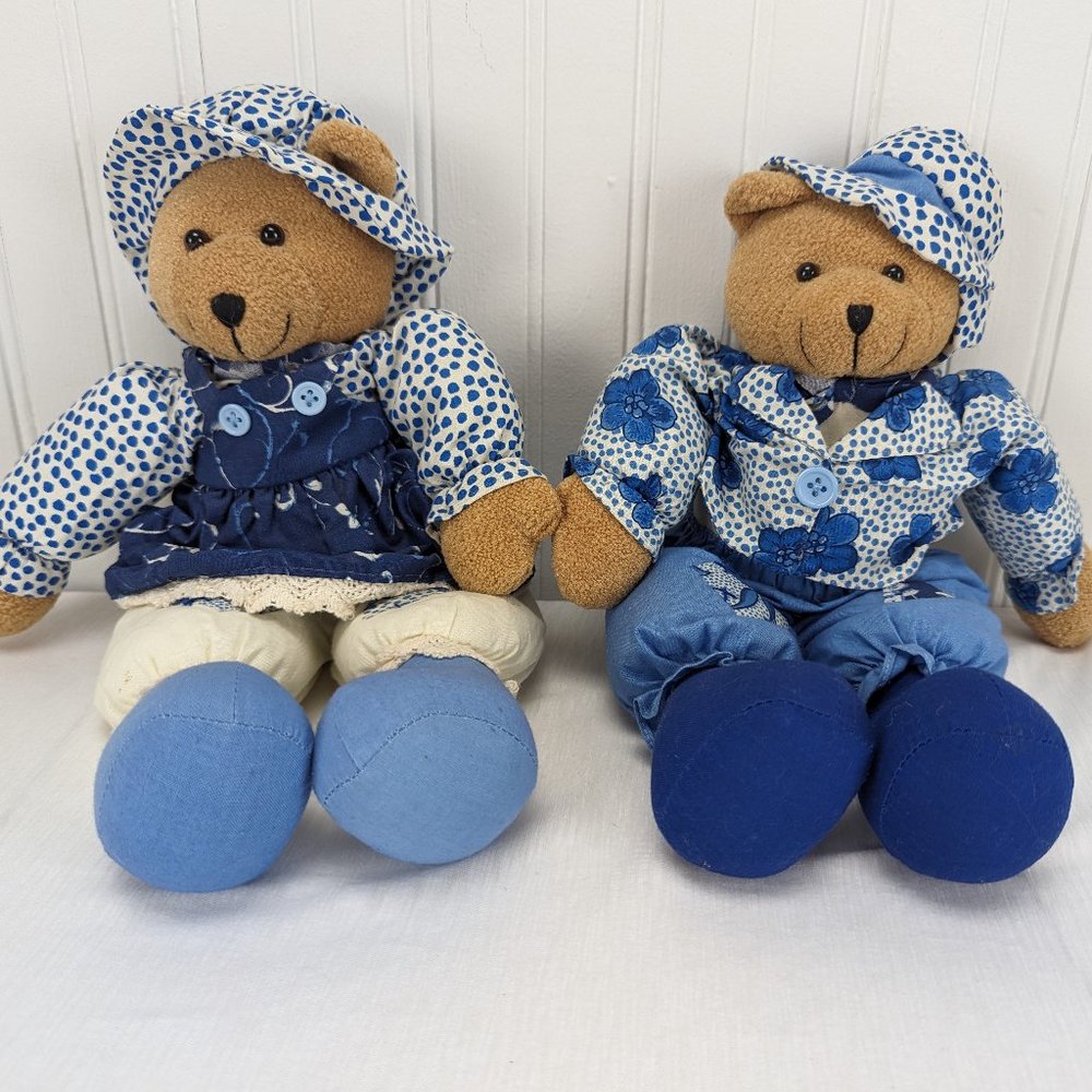 Prima Creations Teddy Bear Plush Couple in Blue Outfits Home Decor 14" Country
